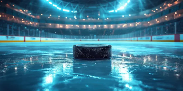 A black hockey puck sits on reflective ice in an empty illuminated arena.
