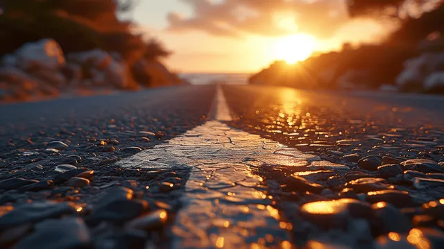 Endless asphalt road stretching into sunset with glowing horizon guiding forward motivation