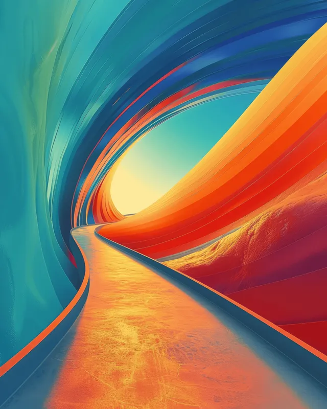 A curving road runs into a glowing horizon with layered orange and blue vector canyon walls.