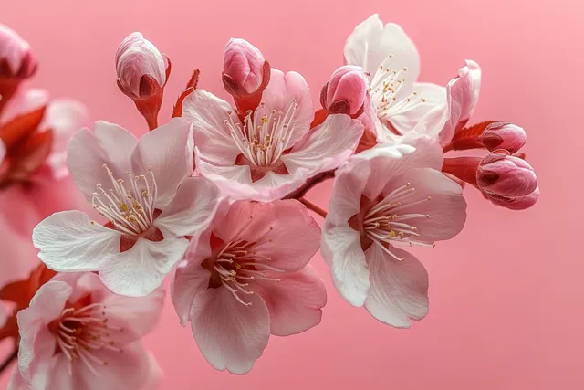 Pink and white cherry blossom flowers with unopened buds against a soft pink background.