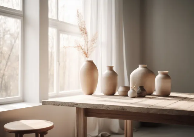 Ceramic vases sit on a wooden table beside a bright window with soft morning light and sheer curtains.