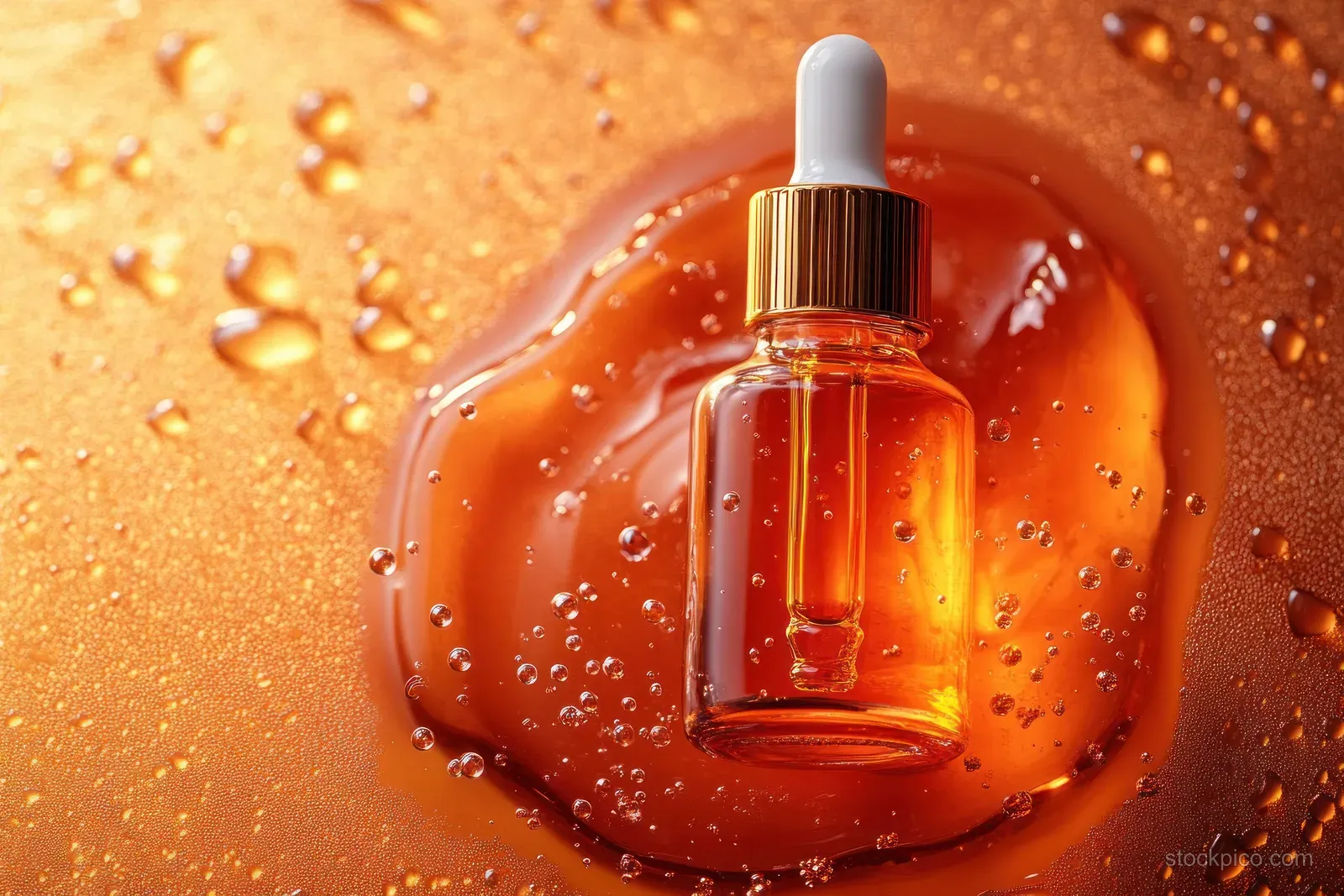 Amber dropper bottle with golden cap sits on glossy surface with orange gel and surrounding water droplets.