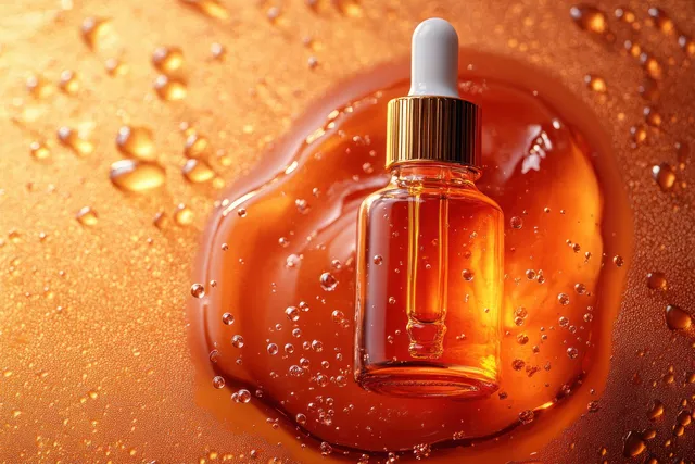 Amber dropper bottle with golden cap sits on glossy surface with orange gel and surrounding water droplets.