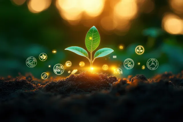 A young seedling sprouts from dark soil with golden sunset light and floating environmental icons behind it.