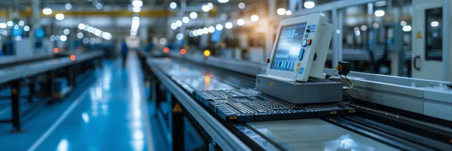 Electronics production line with soldering stations and PCB test display over conveyor