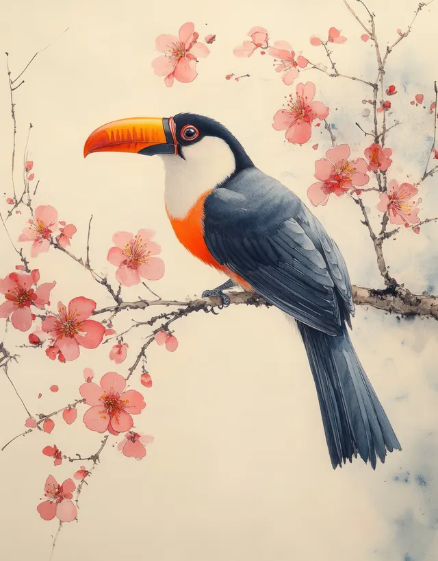 Toucan perched on a tree branch with red blossoms in a soft Chinese watercolor background.