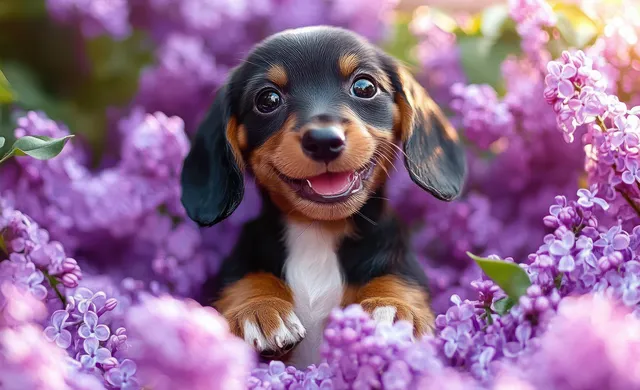 A small black and brown puppy smiles in purple lilac flowers with sunlight glowing on its fur.