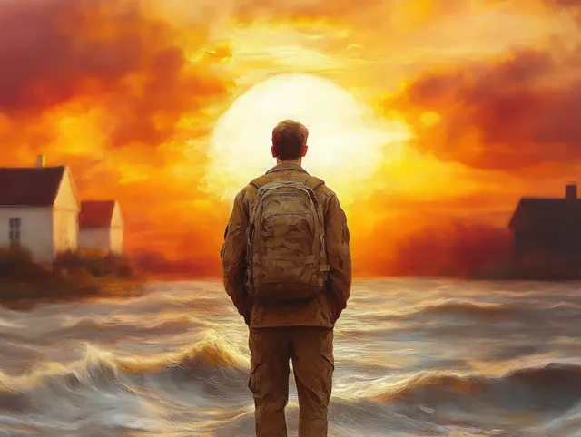 Lone backpacked traveler stands by stormy shoreline, watching fiery orange sunset clouds.