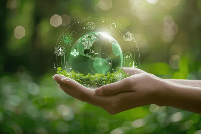 Hands holding a glowing green Earth globe with environmental icons over a blurred forest background.