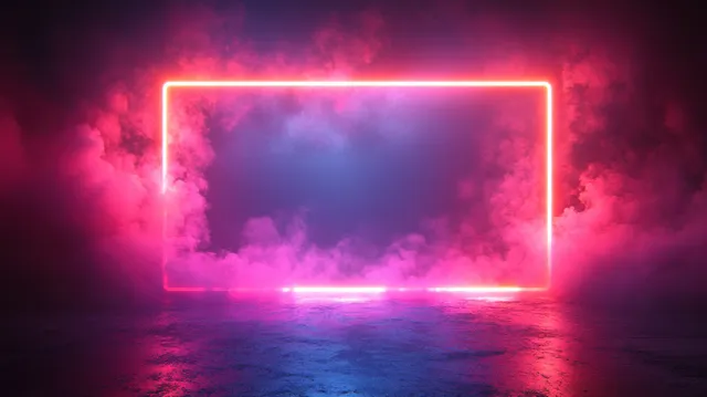 Purple and red neon rectangular frame glows above dark reflective ground with surrounding smoke and haze.