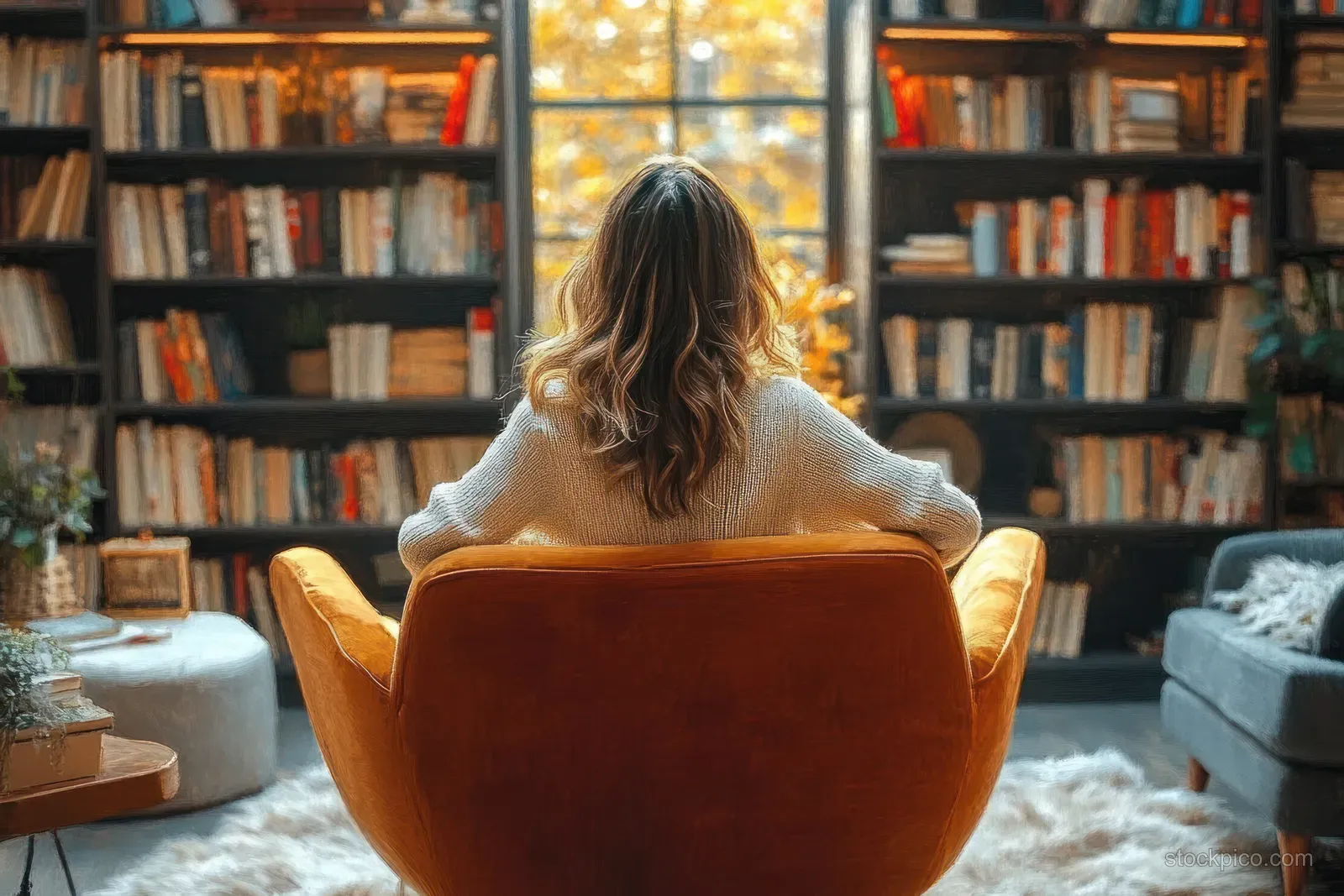 Woman in a white sweater sits back in an orange armchair in a home library facing autumn foliage through a window.