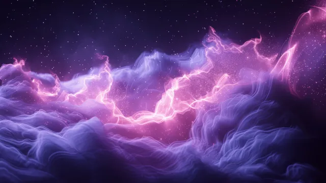 Purple plasma light waves glow through smoky clouds with faint stars and swirling light at the edges.