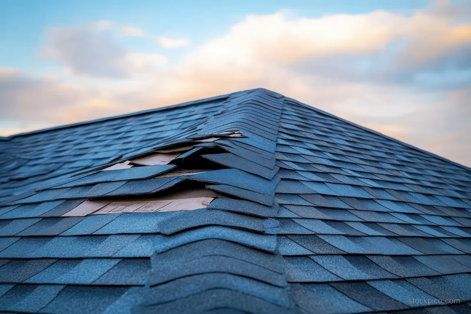 Blue shingle roof with peeling sections and exposed underlayer seen from a close-up angle.