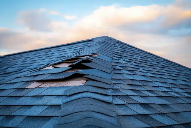 Blue shingle roof with peeling sections and exposed underlayer seen from a close-up angle.