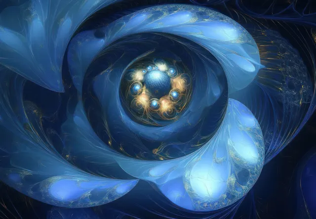 Blue fractal spiral flower design with a glowing central globe and smaller light orbs swirling around it.