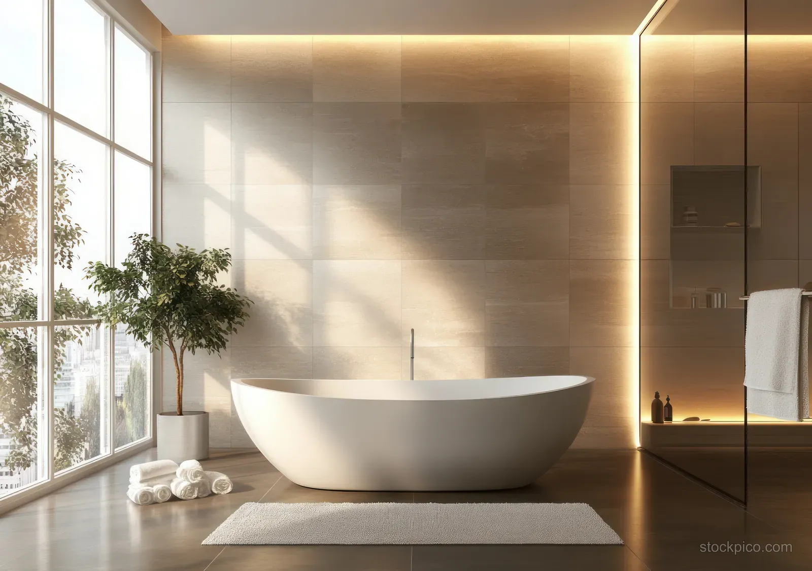 A freestanding bathtub rests in a minimalist bathroom with warm lighting and sunlight from a large window.