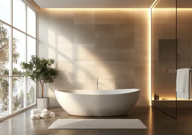 A freestanding bathtub rests in a minimalist bathroom with warm lighting and sunlight from a large window.