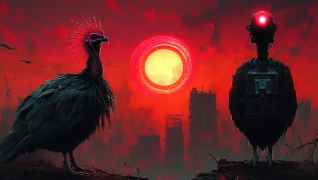 A dark feathered bird and a robotic bird stand on rocky ground beneath a red glowing sun and city skyline.