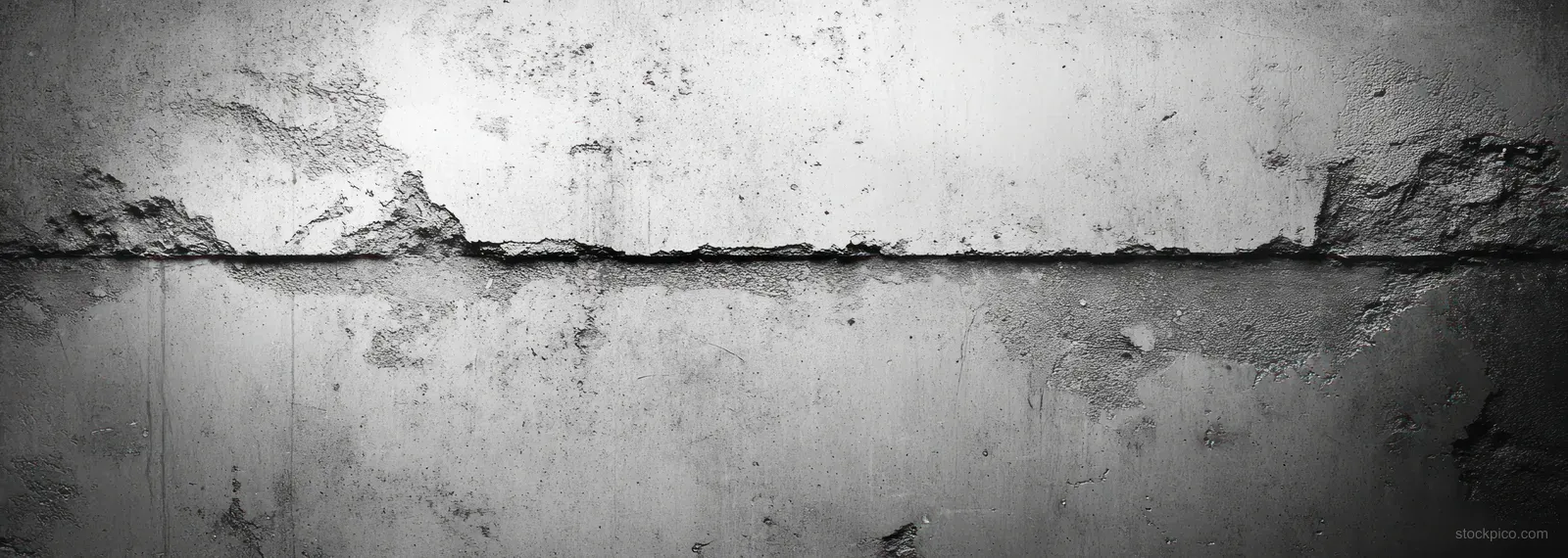 Close-up of a weathered concrete wall with peeling paint, cracked plaster, and gray surface deterioration.