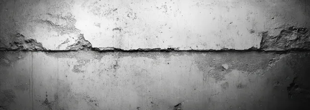 Close-up of a weathered concrete wall with peeling paint, cracked plaster, and gray surface deterioration.