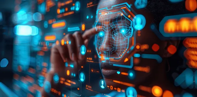 Futuristic AI assistant interface hovering above laptop code, glowing data streams and analytics