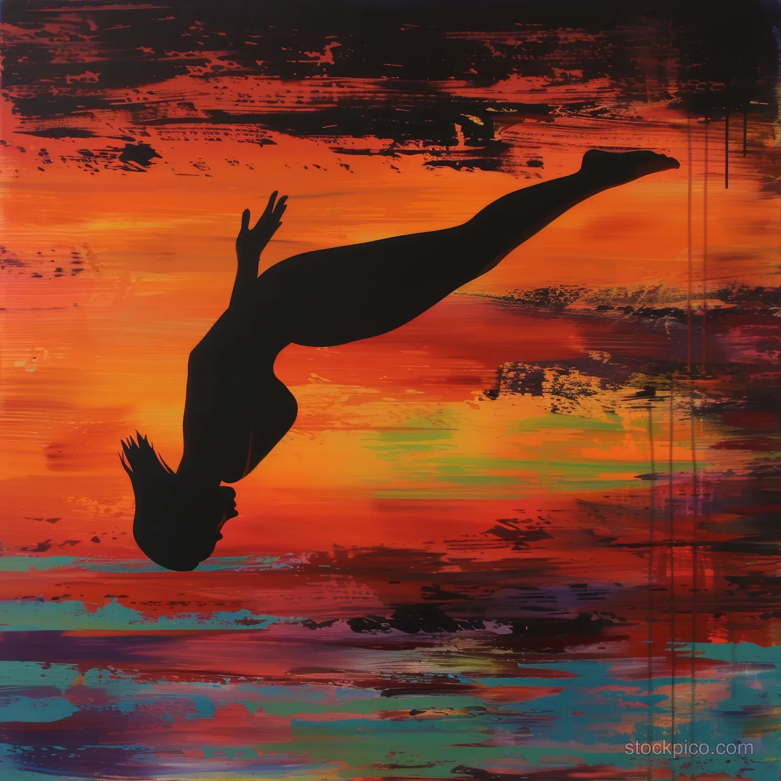 Silhouetted woman dives off a springboard into the ocean beneath a colorful sunset sky.