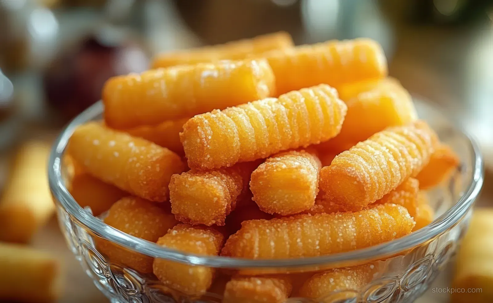 Golden baked potato croquette sticks piled in a glass bowl with crisp ridges and warm blurred background.