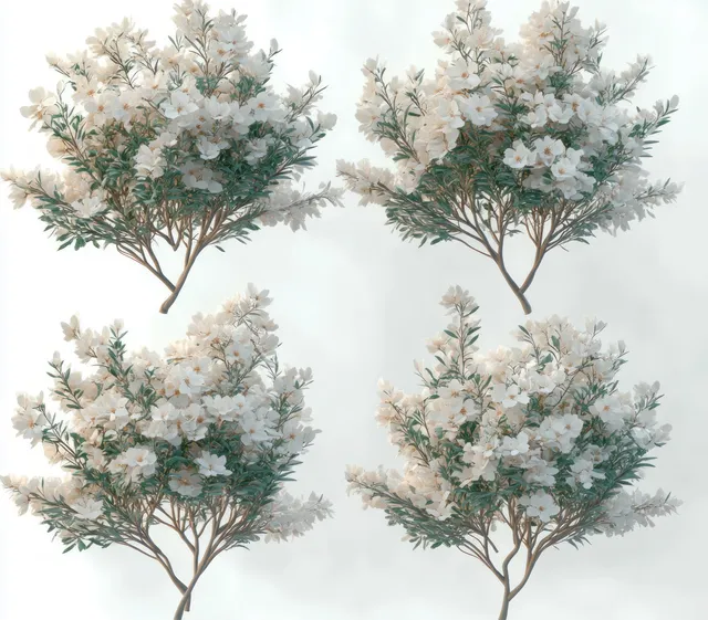Four white flower clusters on slender brown branches with green leaves against a soft light background.