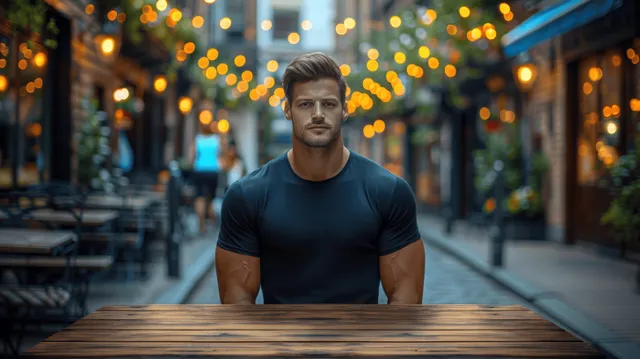 A man stands beside an empty rustic wooden tabletop in a night market with warm glowing bokeh lights.