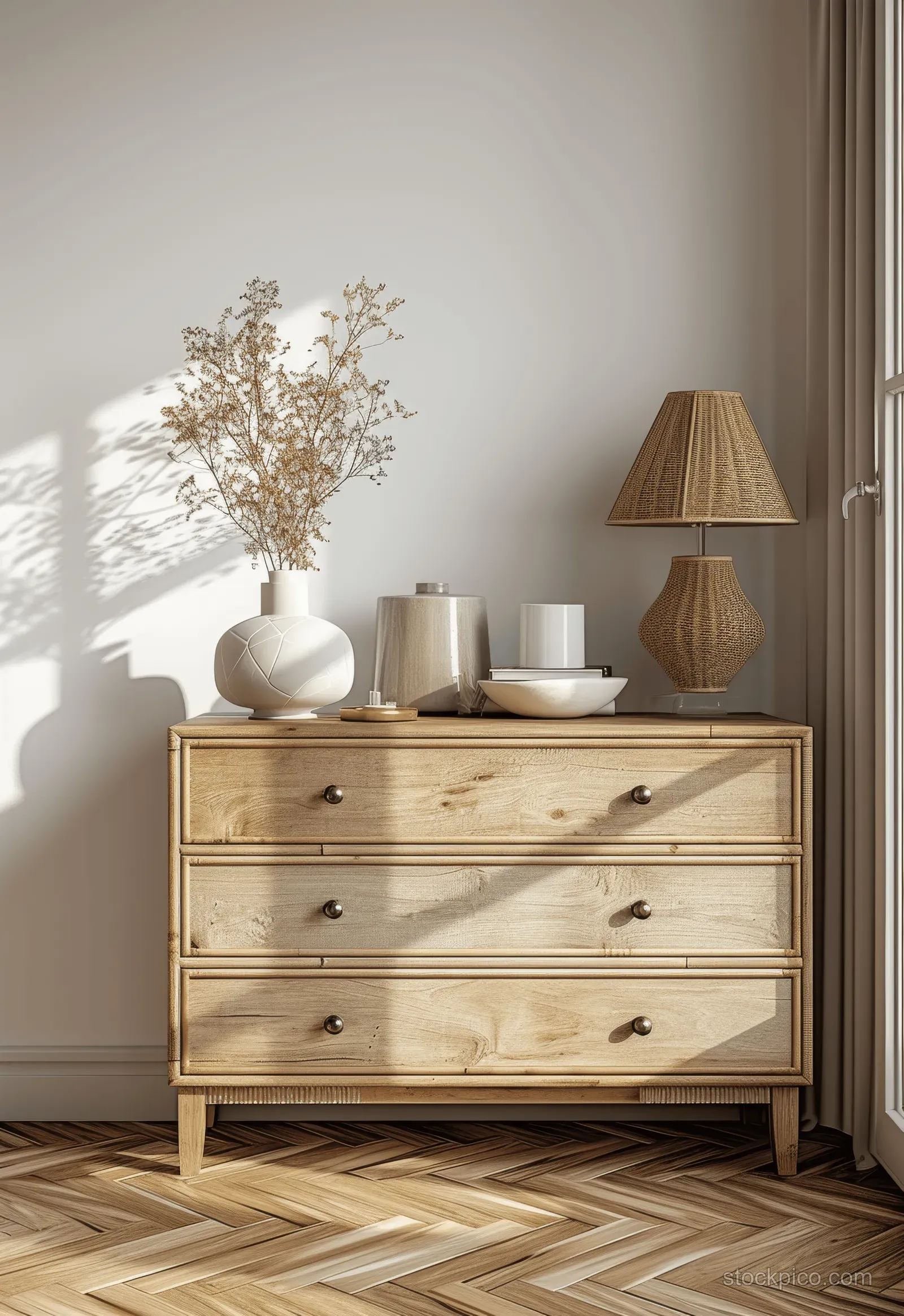 Light wooden chest of drawers with rattan accents against a white wall in a Scandinavian interior with parquet floor and decor.