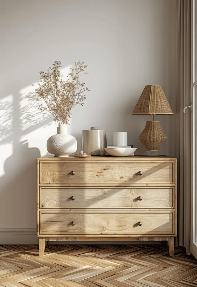 Light wooden chest of drawers with rattan accents against a white wall in a Scandinavian interior with parquet floor and decor.