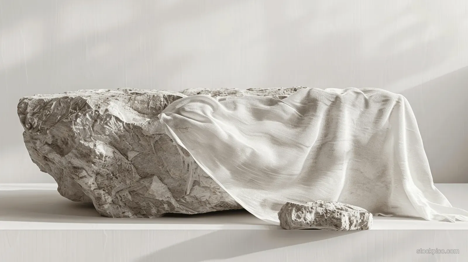 A white rock on a table is draped with sheer fabric against a neutral background.