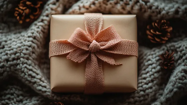Top view of wrapped gift box with bow on knitted fabric with warm natural light