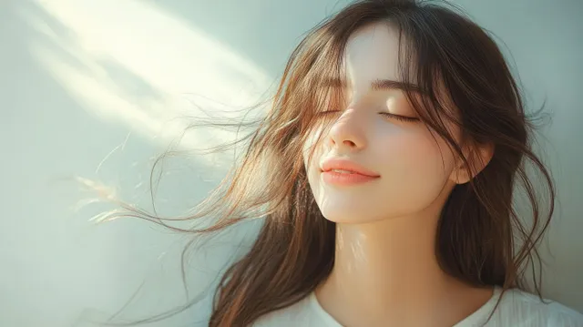 Smiling Asian woman with wind-blown long hair in soft natural daylight