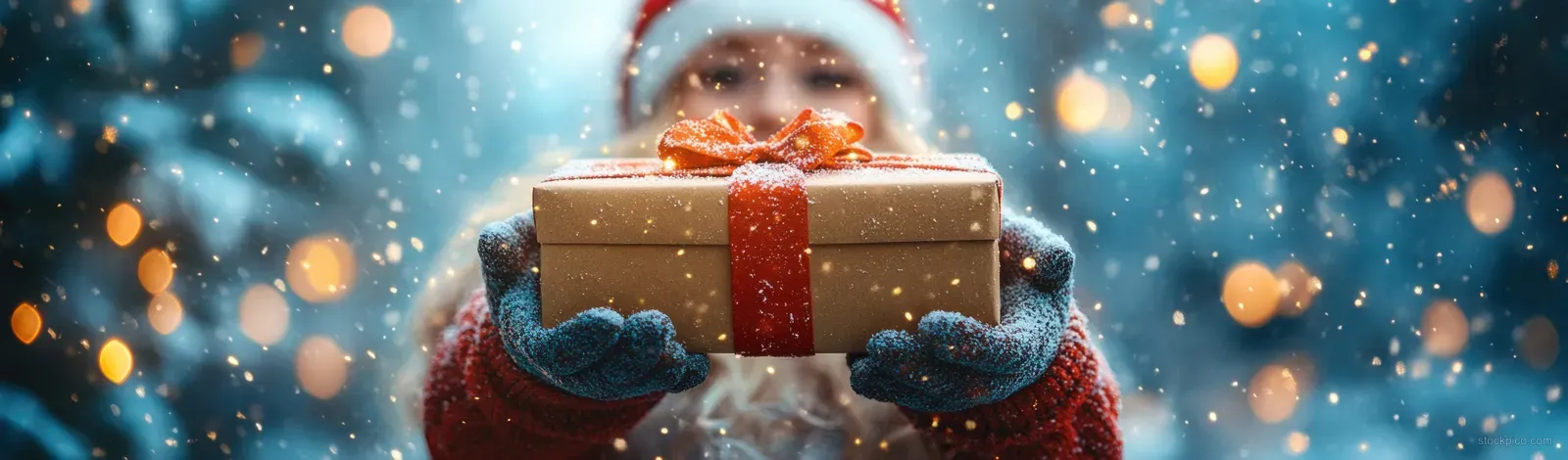 Santa Claus holds a wrapped gift box as glowing Christmas magic lights sparkle in a blue winter snowy background.