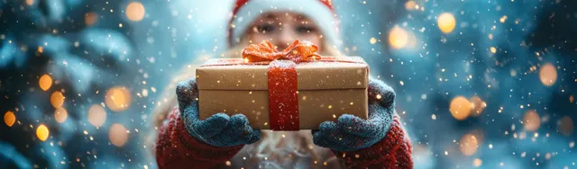 Santa Claus holds a wrapped gift box as glowing Christmas magic lights sparkle in a blue winter snowy background.