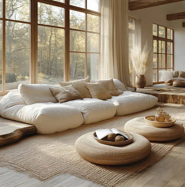 A serene minimalist living room showcases a plush neutral sofa, warm natural light, and rustic wooden details.