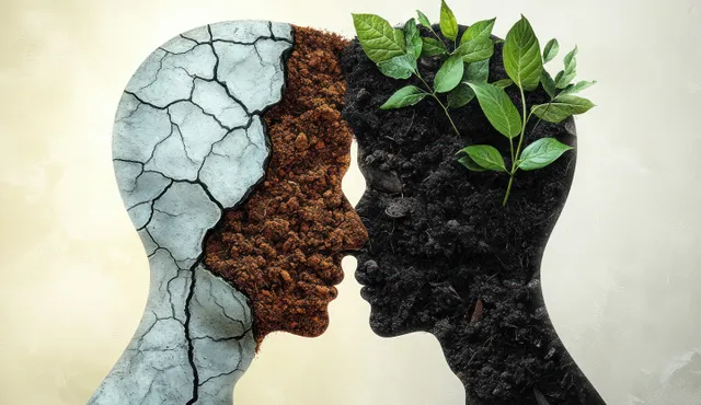 Two human profiles split by climate change, cracked dry soil versus thriving green leaves.