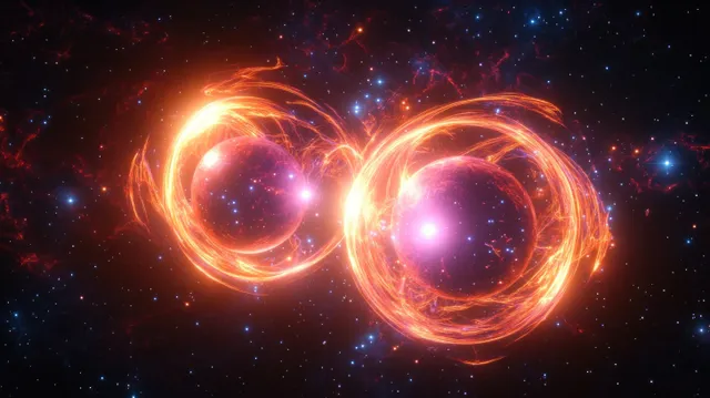 Two glowing cosmic spheres surrounded by swirling fiery energy rings in a star-filled space background.