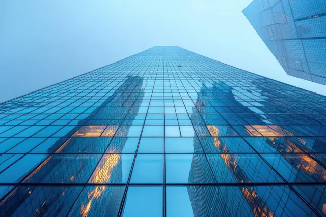 Low-angle view of reflective glass skyscrapers with grid windows beneath a clear blue sky.
