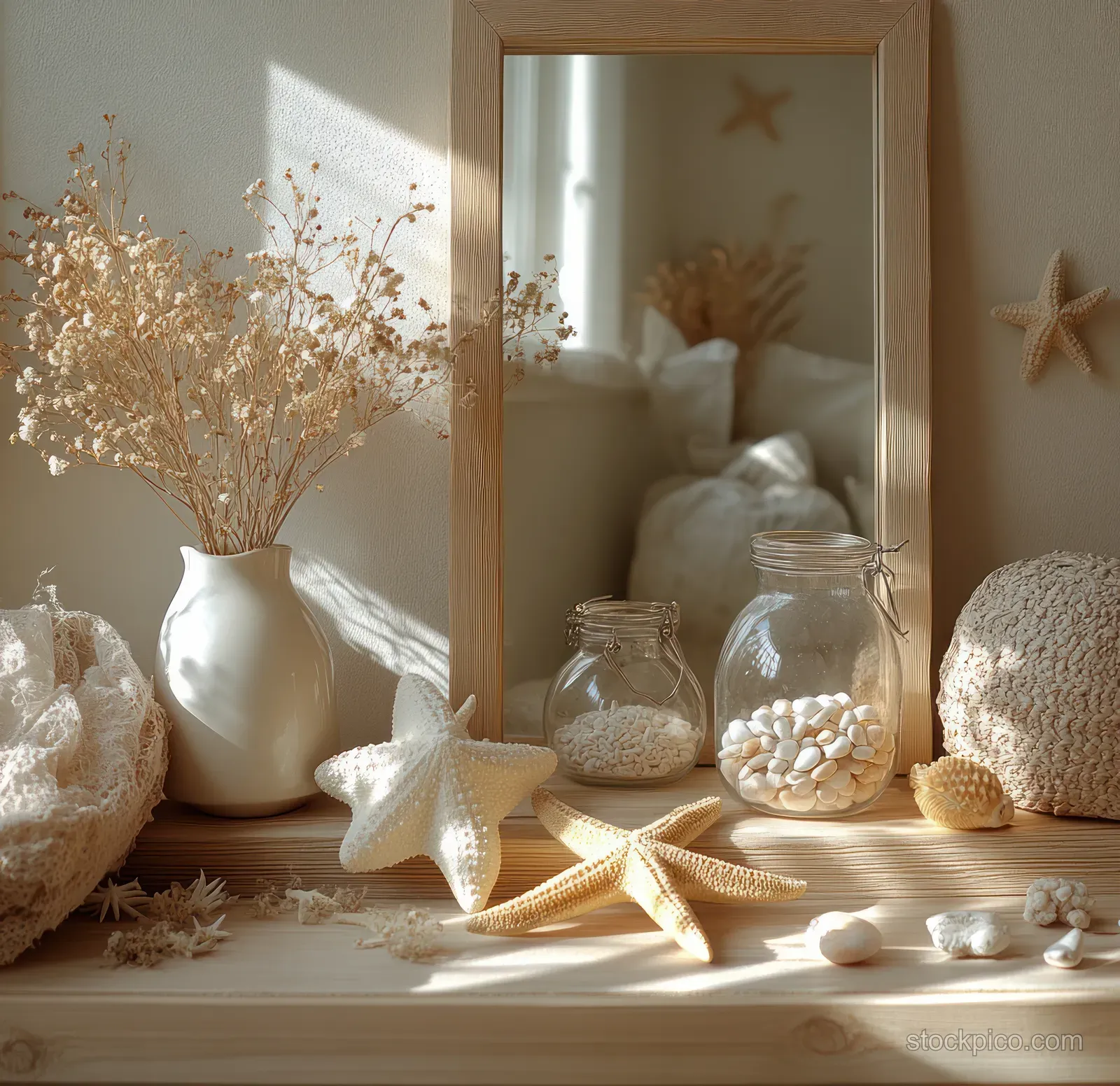 Sunlit wooden shelf display with mirror, seashell jar, starfish, dried flowers, and woven decor items.