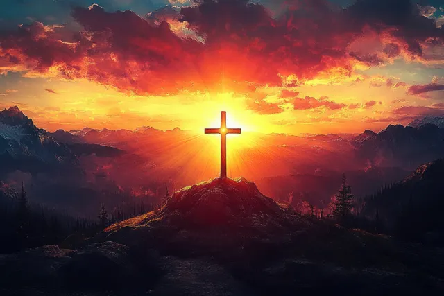 Glowing cross on a mountain summit with dramatic orange-red sunset clouds over a forested valley.