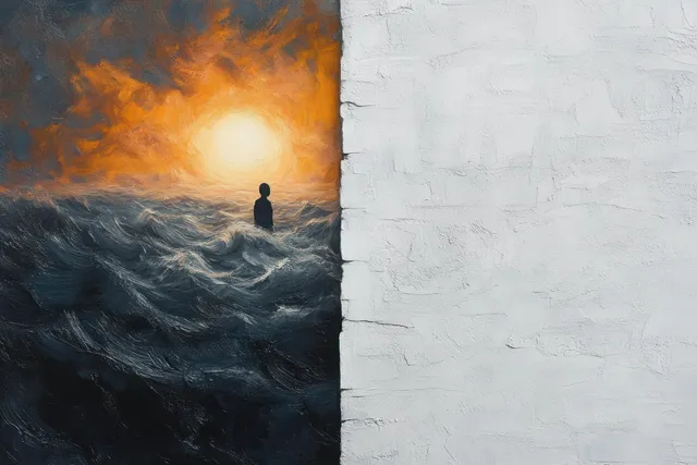 Silhouette stands in stormy dark ocean waters beneath a glowing sunset sky beside a white wall