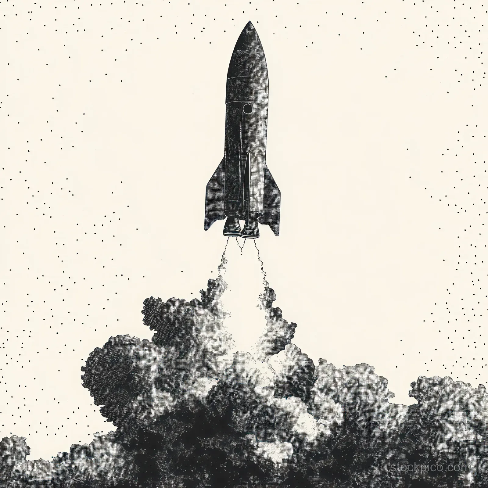 A monochrome rocket blasts upward above dense smoke clouds in a star-speckled night sky.