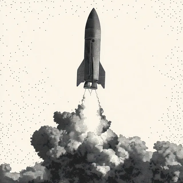 A monochrome rocket blasts upward above dense smoke clouds in a star-speckled night sky.
