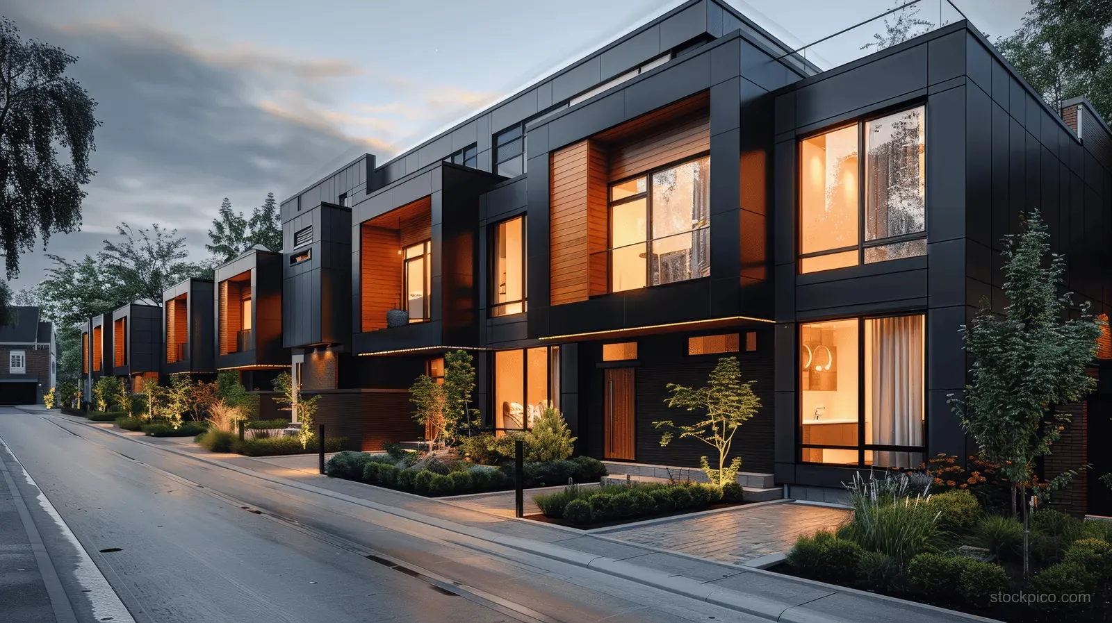 Modern townhouses with black paneling and warm wood accents stand along a quiet street under dusk lighting.