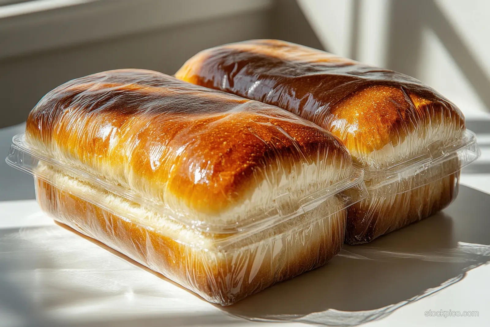 Two golden loaves of bread wrapped in clear plastic packaging on a tray, photographed from above.