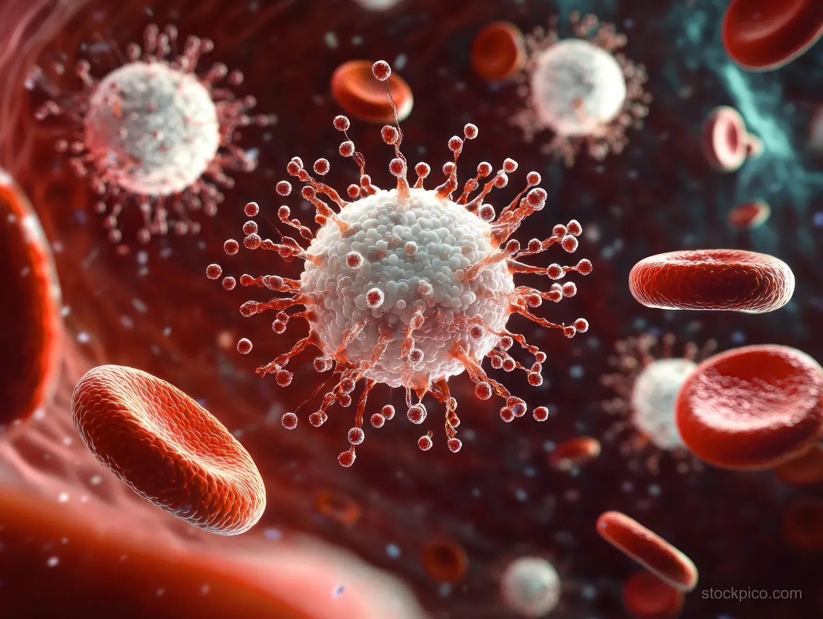 A white blood cell surrounds viral particles, releasing glowing cytokine signals in a red blood cell filled bloodstream scene.