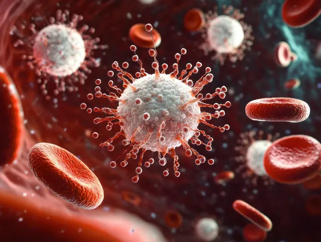 A white blood cell surrounds viral particles, releasing glowing cytokine signals in a red blood cell filled bloodstream scene.