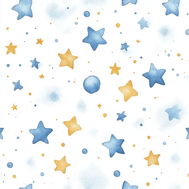 Watercolor starry pattern with cute pastel cartoon animals floating across soft blue background